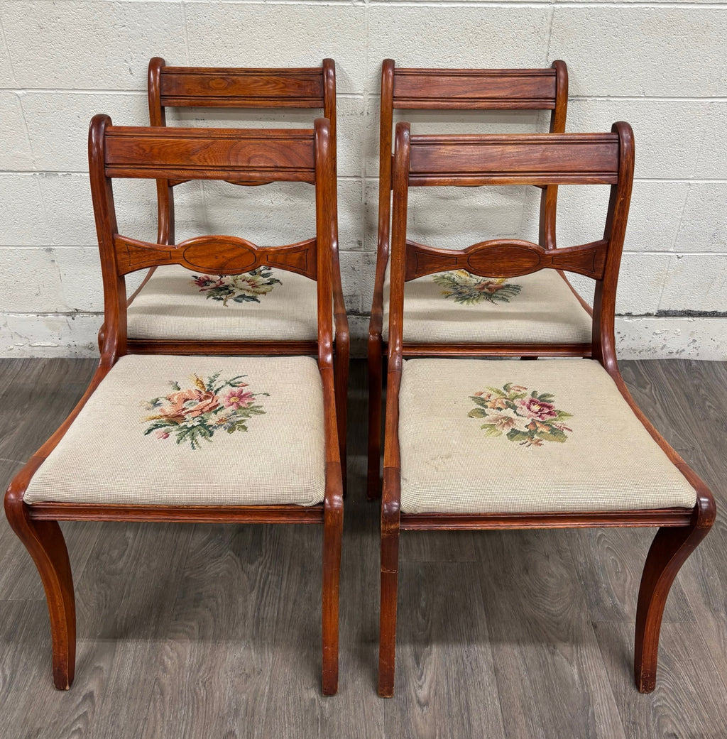 Antique Regency / Duncan Phyfe Style Needlepoint Upholstered Dining Side Chairs