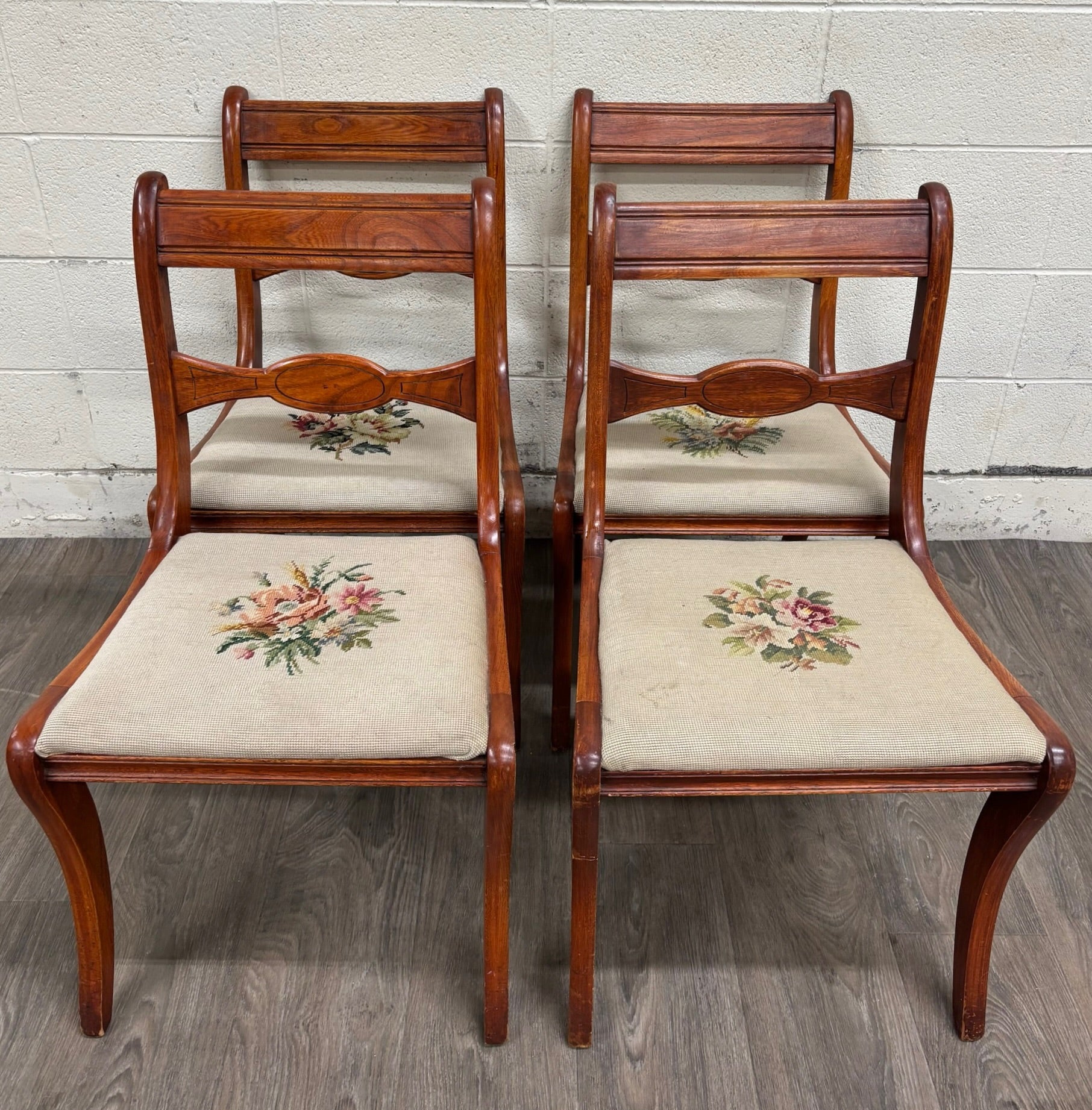 Antique Regency / Duncan Phyfe Style Needlepoint Upholstered Dining Side Chairs