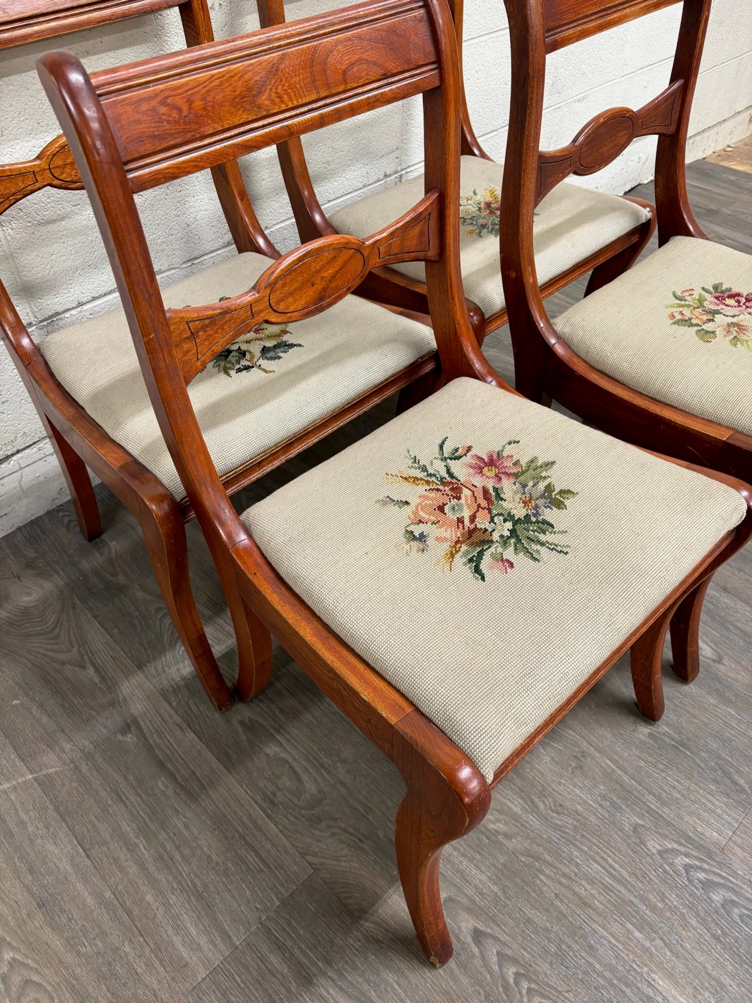 Antique Regency / Duncan Phyfe Style Needlepoint Upholstered Dining Side Chairs
