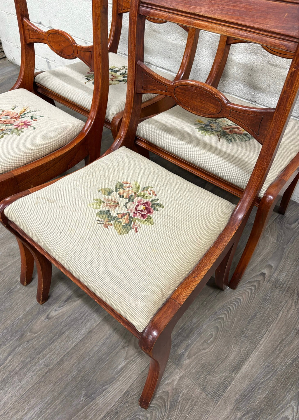 Antique Regency / Duncan Phyfe Style Needlepoint Upholstered Dining Side Chairs
