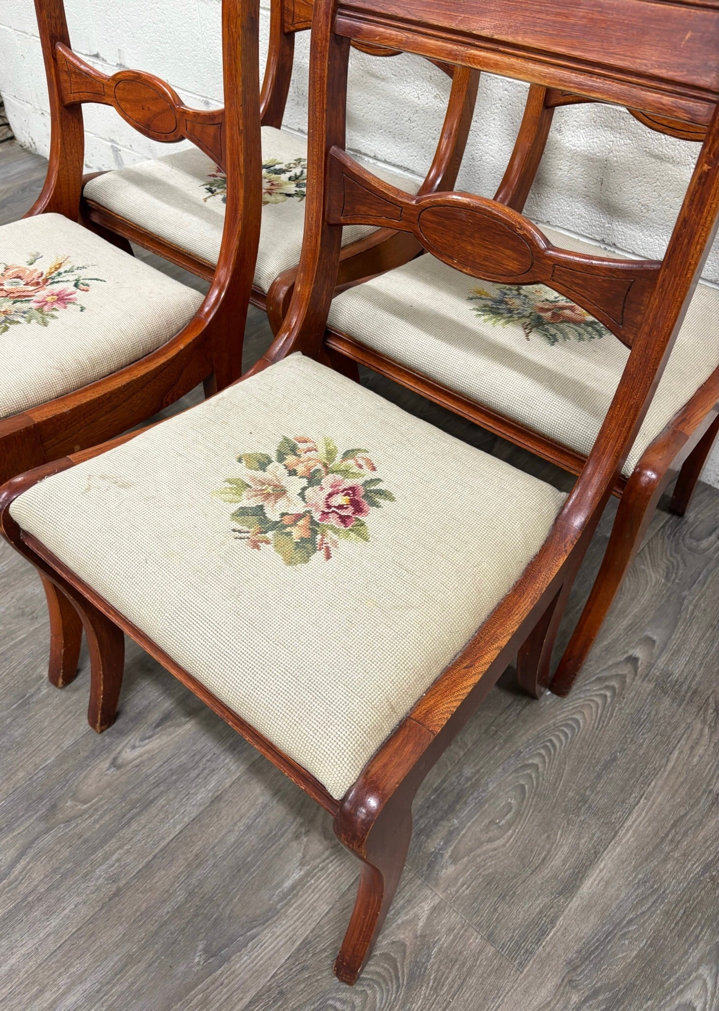 Antique Regency / Duncan Phyfe Style Needlepoint Upholstered Dining Side Chairs