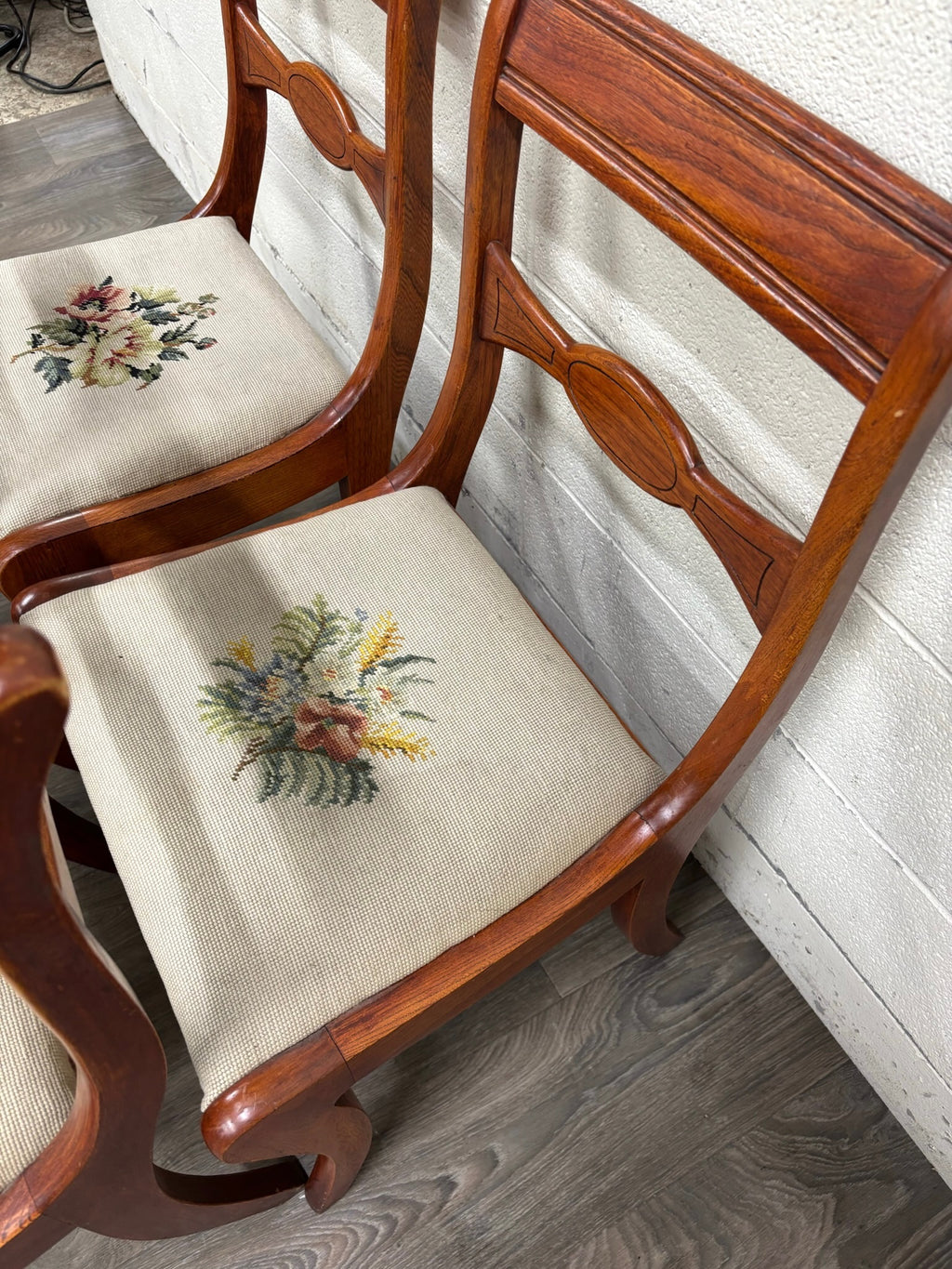 Antique Regency / Duncan Phyfe Style Needlepoint Upholstered Dining Side Chairs