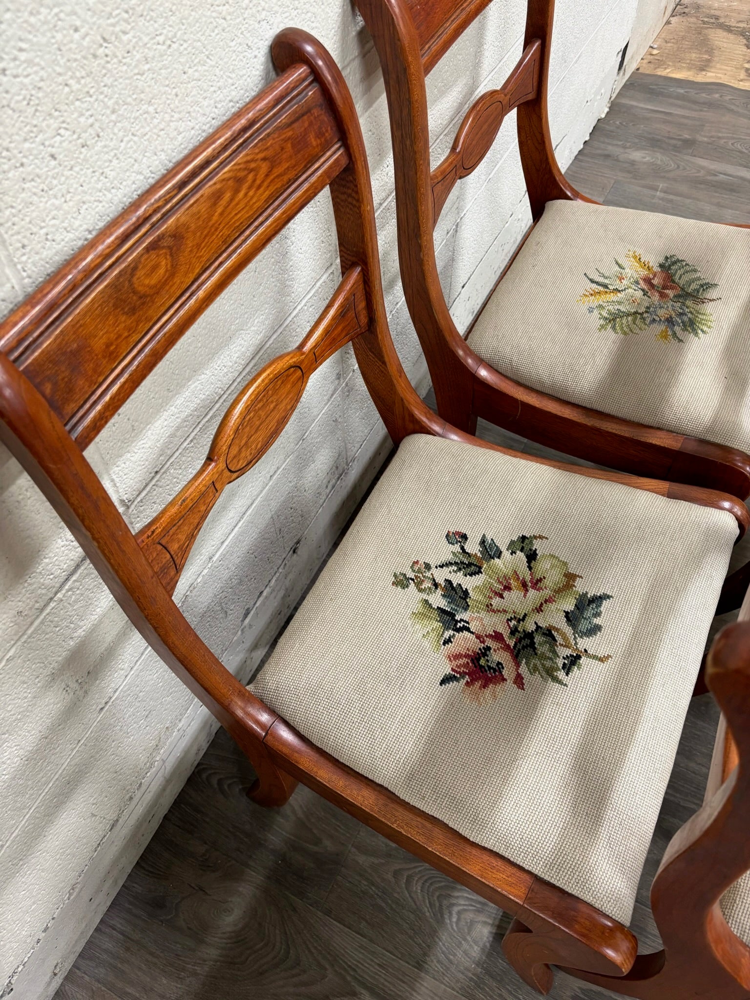 Antique Regency / Duncan Phyfe Style Needlepoint Upholstered Dining Side Chairs