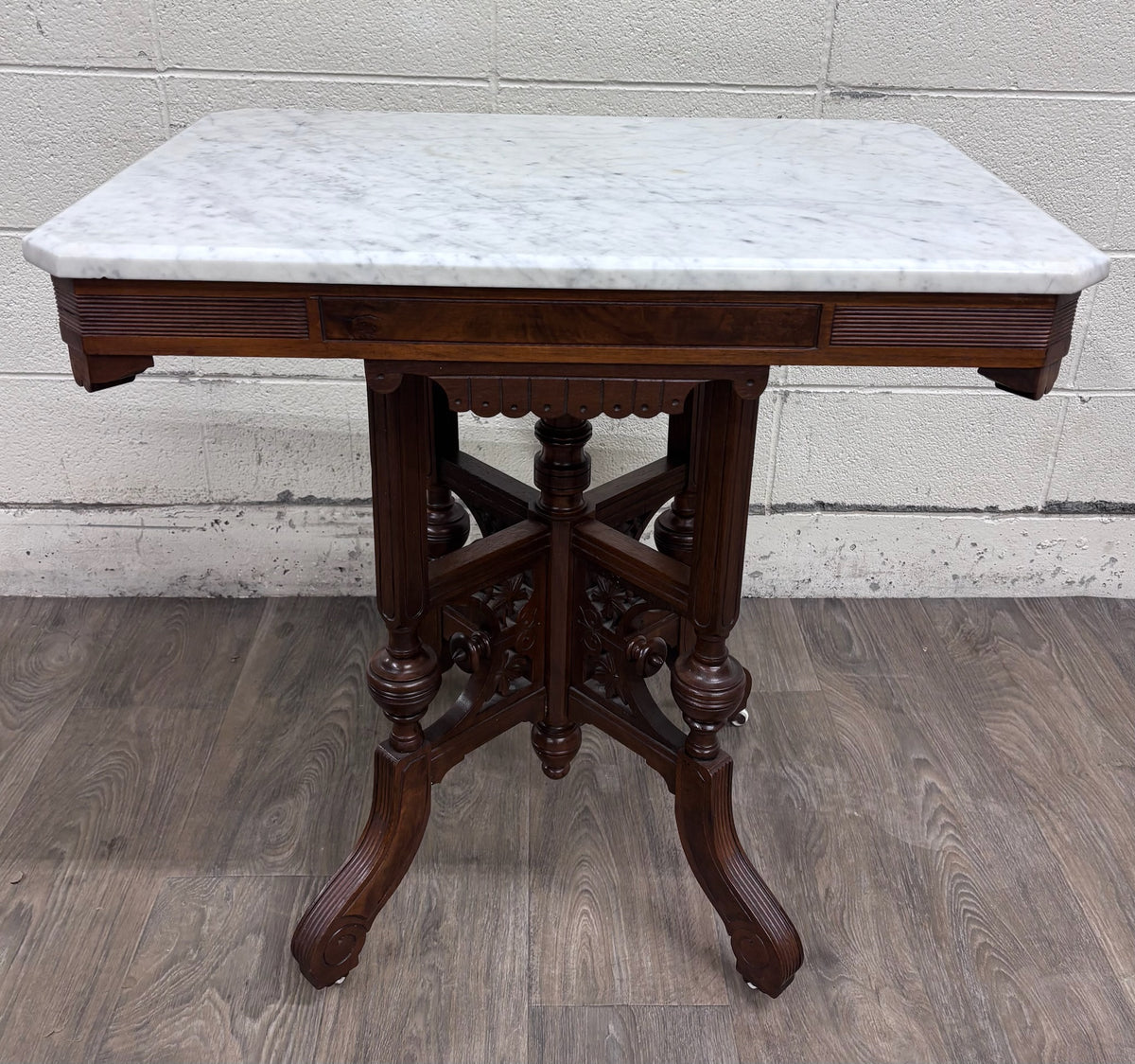 Antique Victorian Eastlake Renaissance Revival Marble Walnut Center Parlor Table