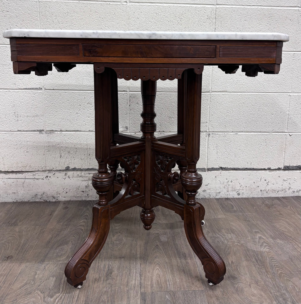 Antique Victorian Eastlake Renaissance Revival Marble Walnut Center Parlor Table