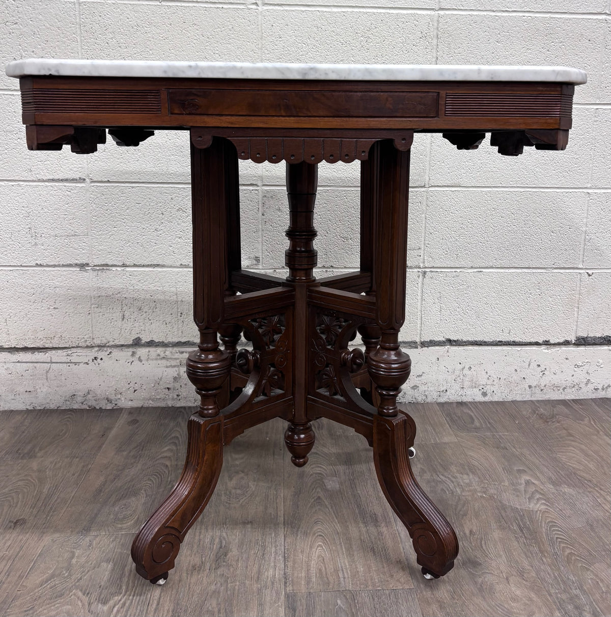 Antique Victorian Eastlake Renaissance Revival Marble Walnut Center Parlor Table