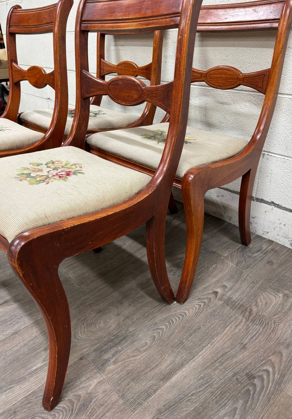Antique Regency / Duncan Phyfe Style Needlepoint Upholstered Dining Side Chairs