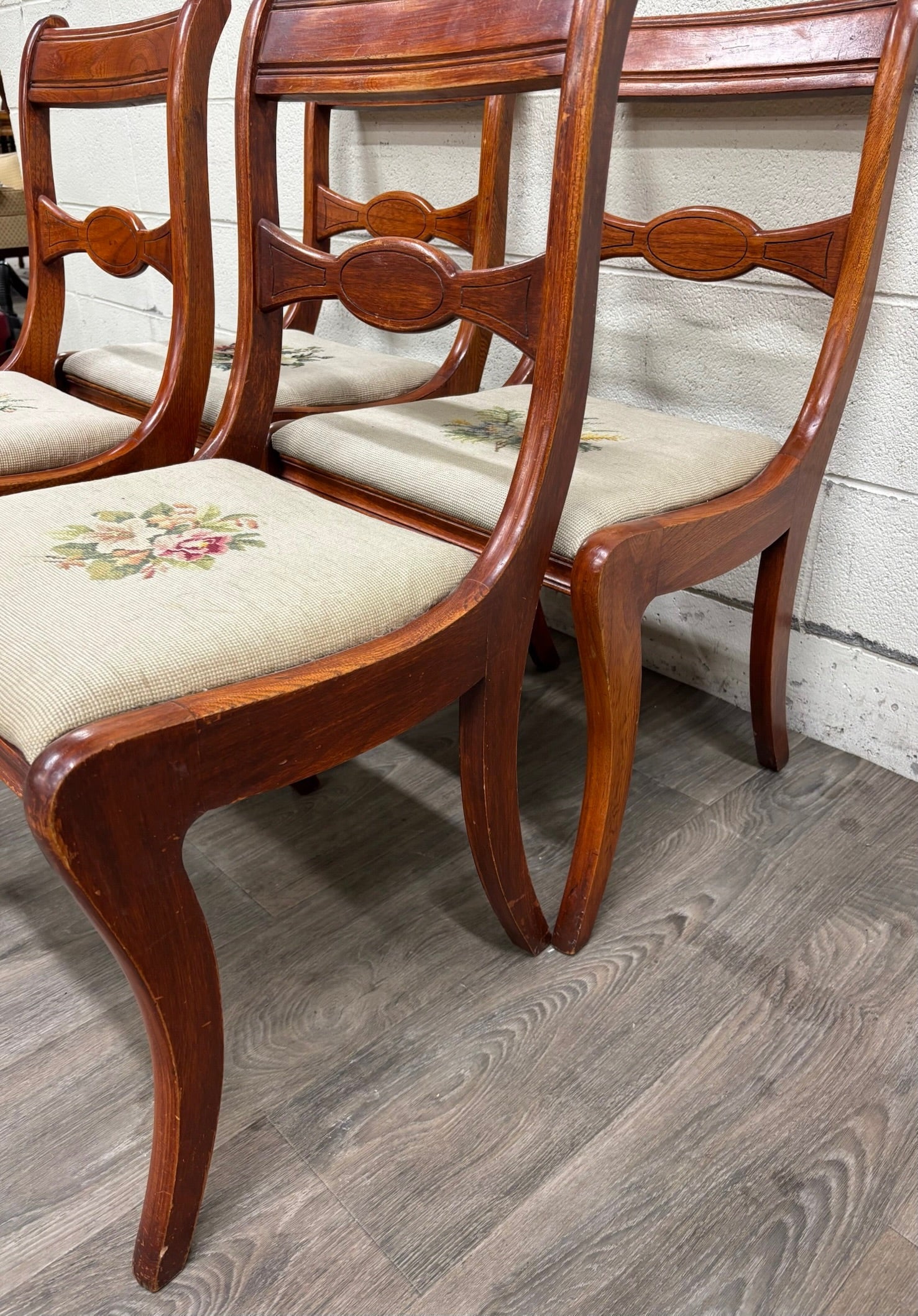 Antique Regency / Duncan Phyfe Style Needlepoint Upholstered Dining Side Chairs