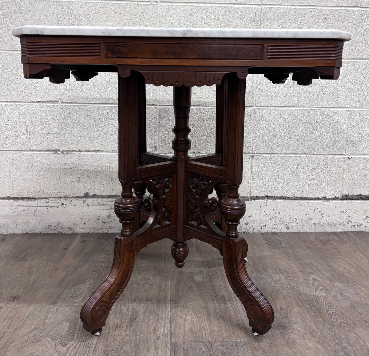 Antique Victorian Eastlake Renaissance Revival Marble Walnut Center Parlor Table