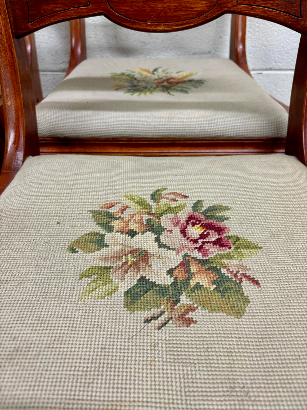 Antique Regency / Duncan Phyfe Style Needlepoint Upholstered Dining Side Chairs
