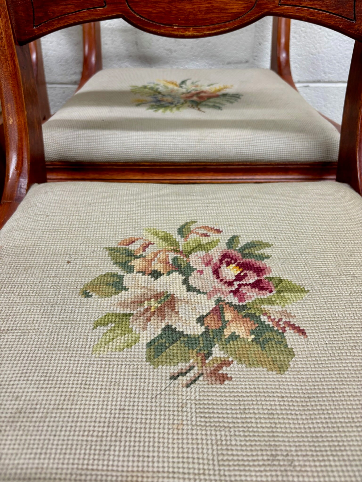Antique Regency / Duncan Phyfe Style Needlepoint Upholstered Dining Side Chairs