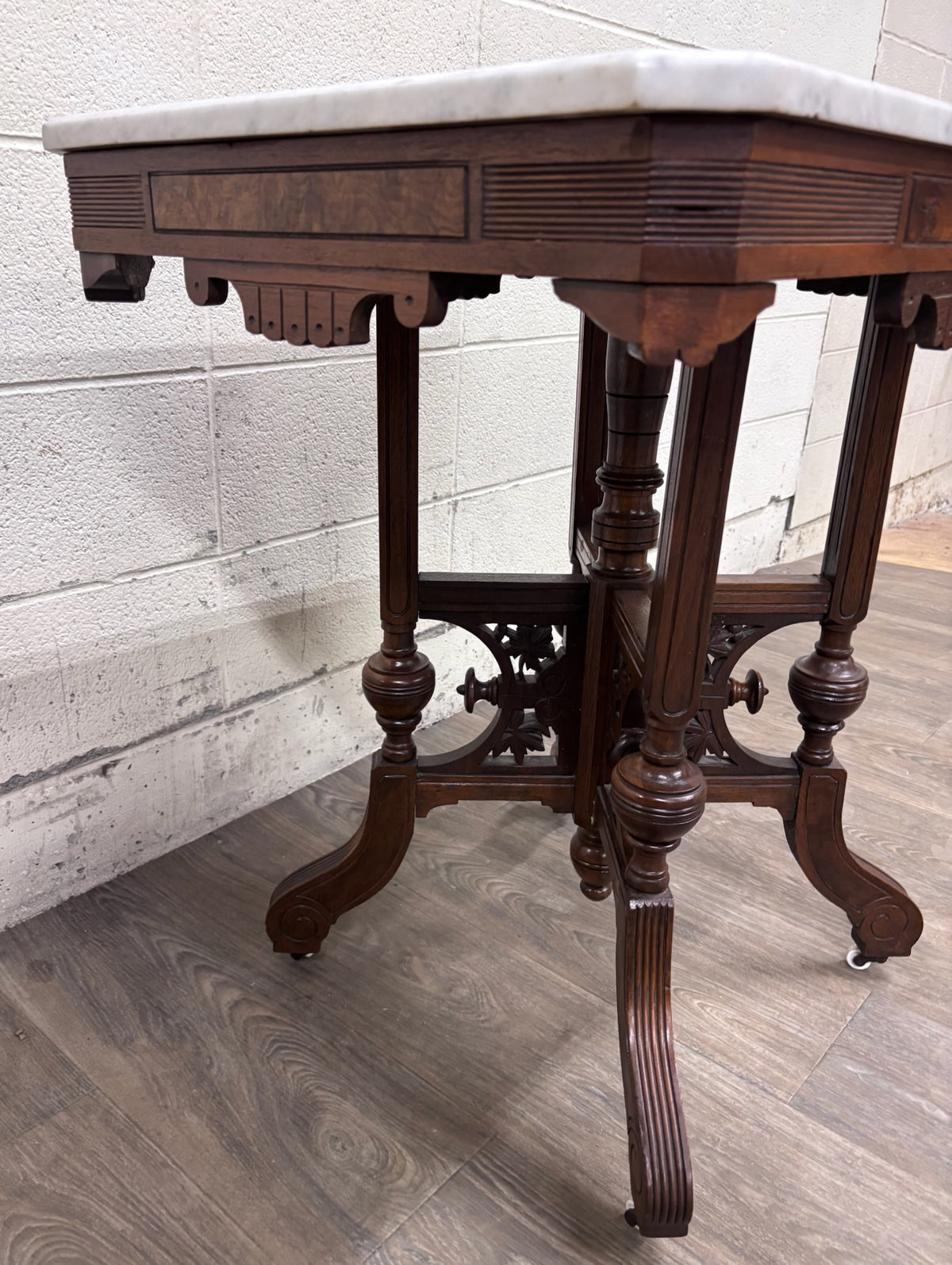 Antique Victorian Eastlake Renaissance Revival Marble Walnut Center Parlor Table
