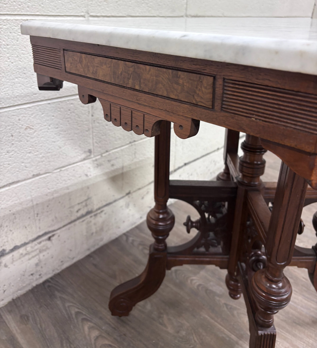 Antique Victorian Eastlake Renaissance Revival Marble Walnut Center Parlor Table