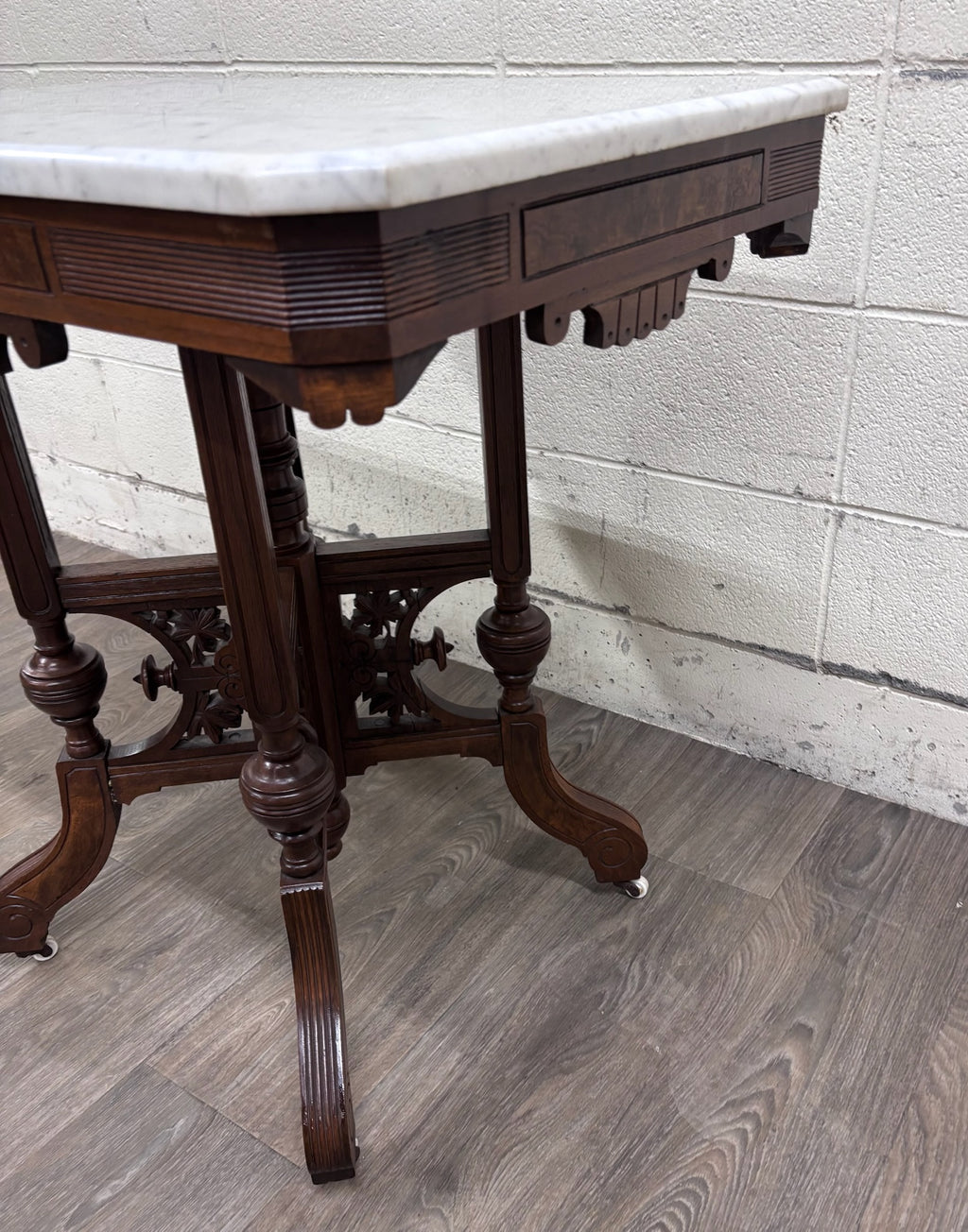Antique Victorian Eastlake Renaissance Revival Marble Walnut Center Parlor Table