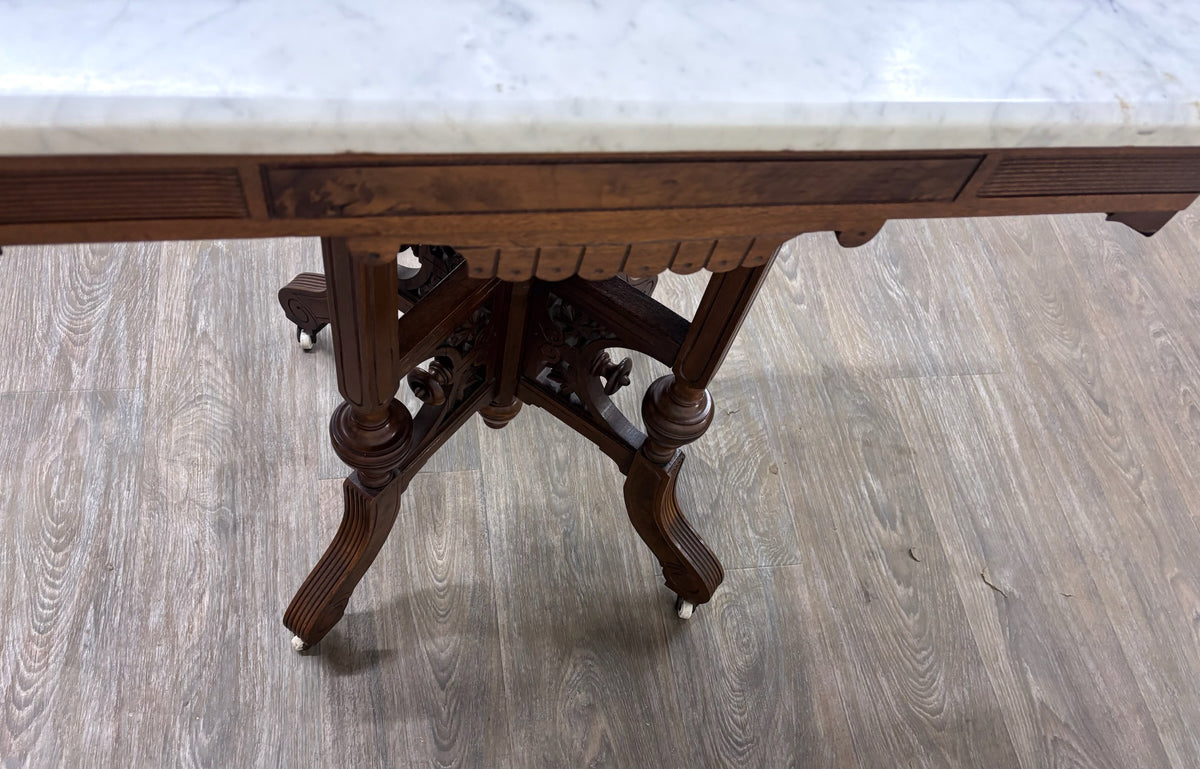 Antique Victorian Eastlake Renaissance Revival Marble Walnut Center Parlor Table