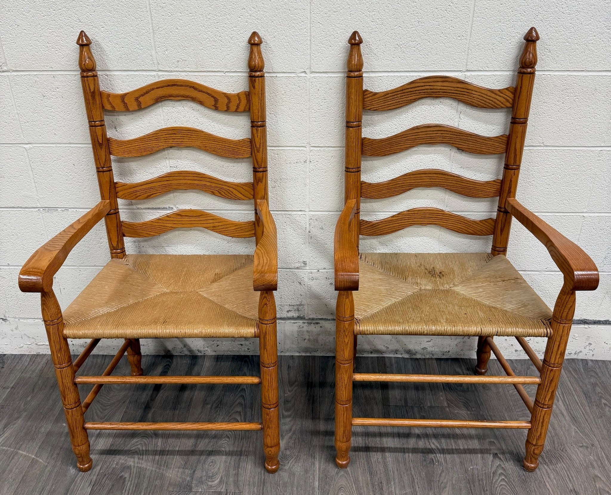 Vintage Country French Style Solid Oak Ladder Back Handwoven Rush Seat Armchairs