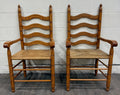 Vintage Country French Style Solid Oak Ladder Back Handwoven Rush Seat Armchairs