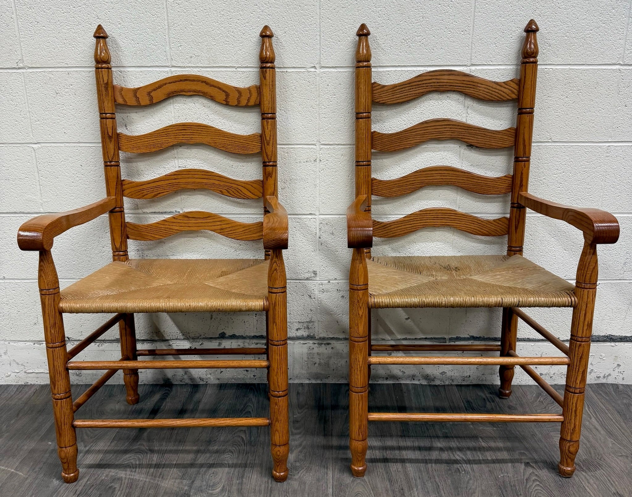 Vintage Country French Style Solid Oak Ladder Back Handwoven Rush Seat Armchairs