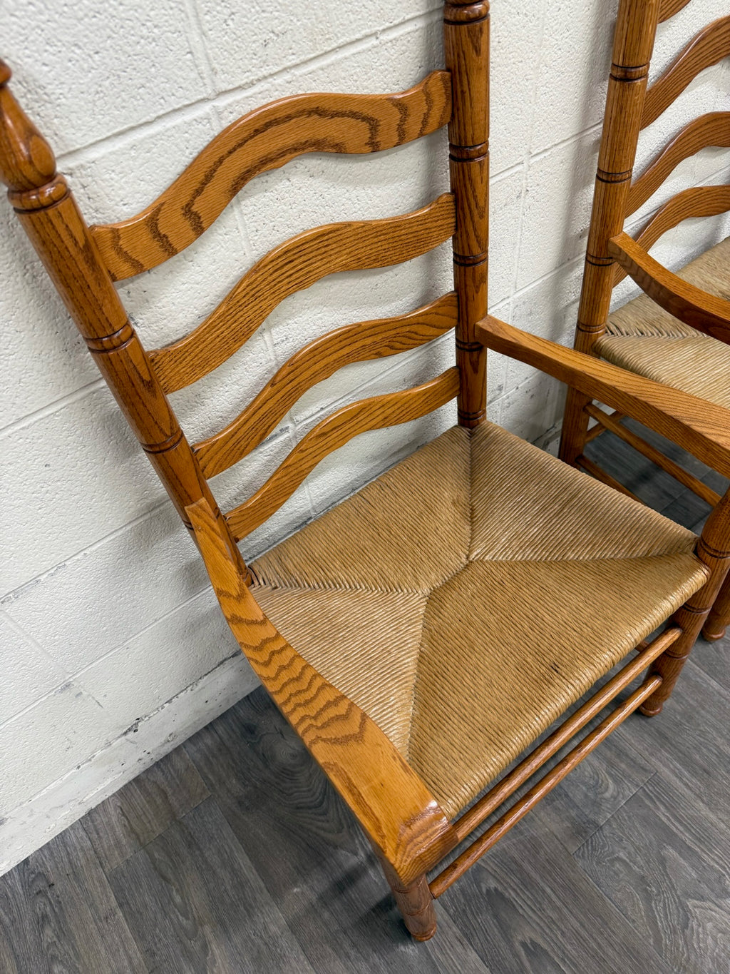 Vintage Country French Style Solid Oak Ladder Back Handwoven Rush Seat Armchairs