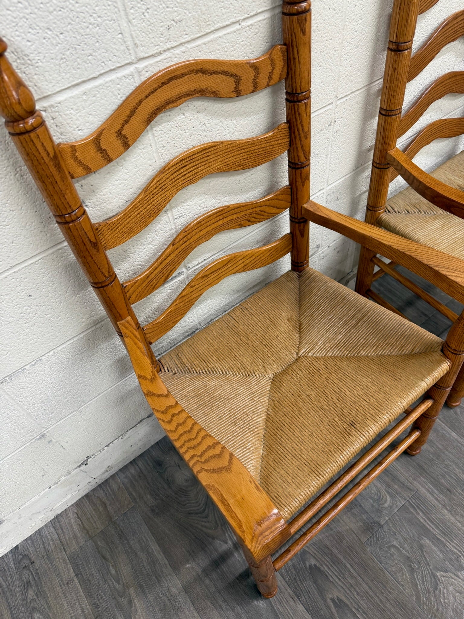 Vintage Country French Style Solid Oak Ladder Back Handwoven Rush Seat Armchairs