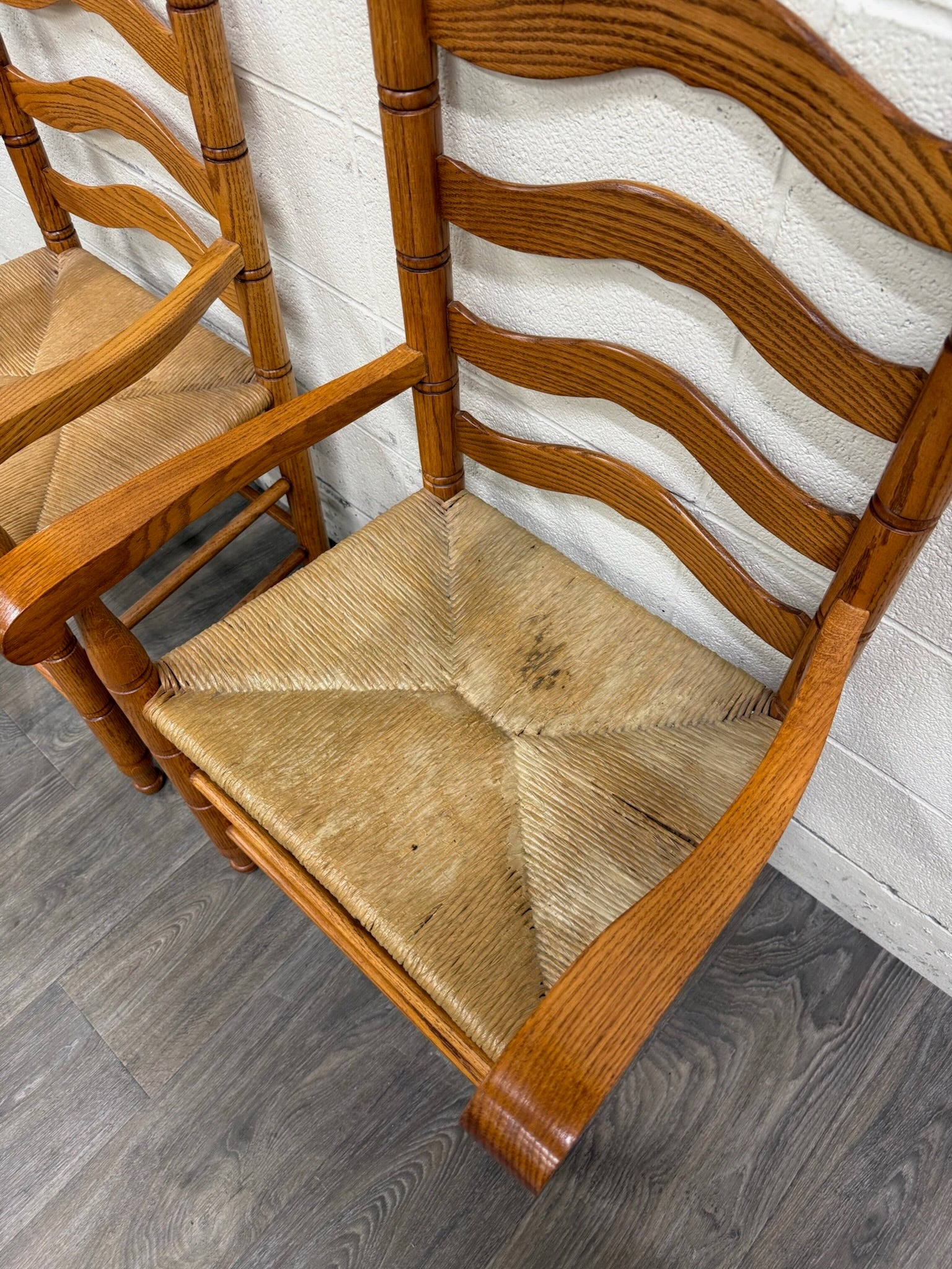 Vintage Country French Style Solid Oak Ladder Back Handwoven Rush Seat Armchairs