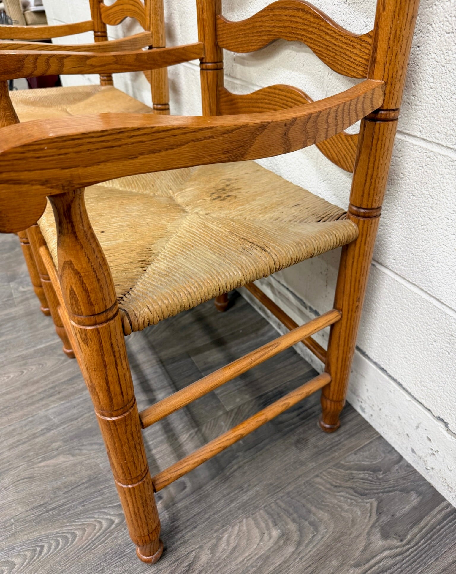 Vintage Country French Style Solid Oak Ladder Back Handwoven Rush Seat Armchairs