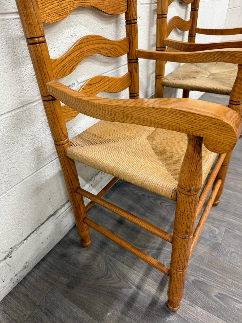 Vintage Country French Style Solid Oak Ladder Back Handwoven Rush Seat Armchairs
