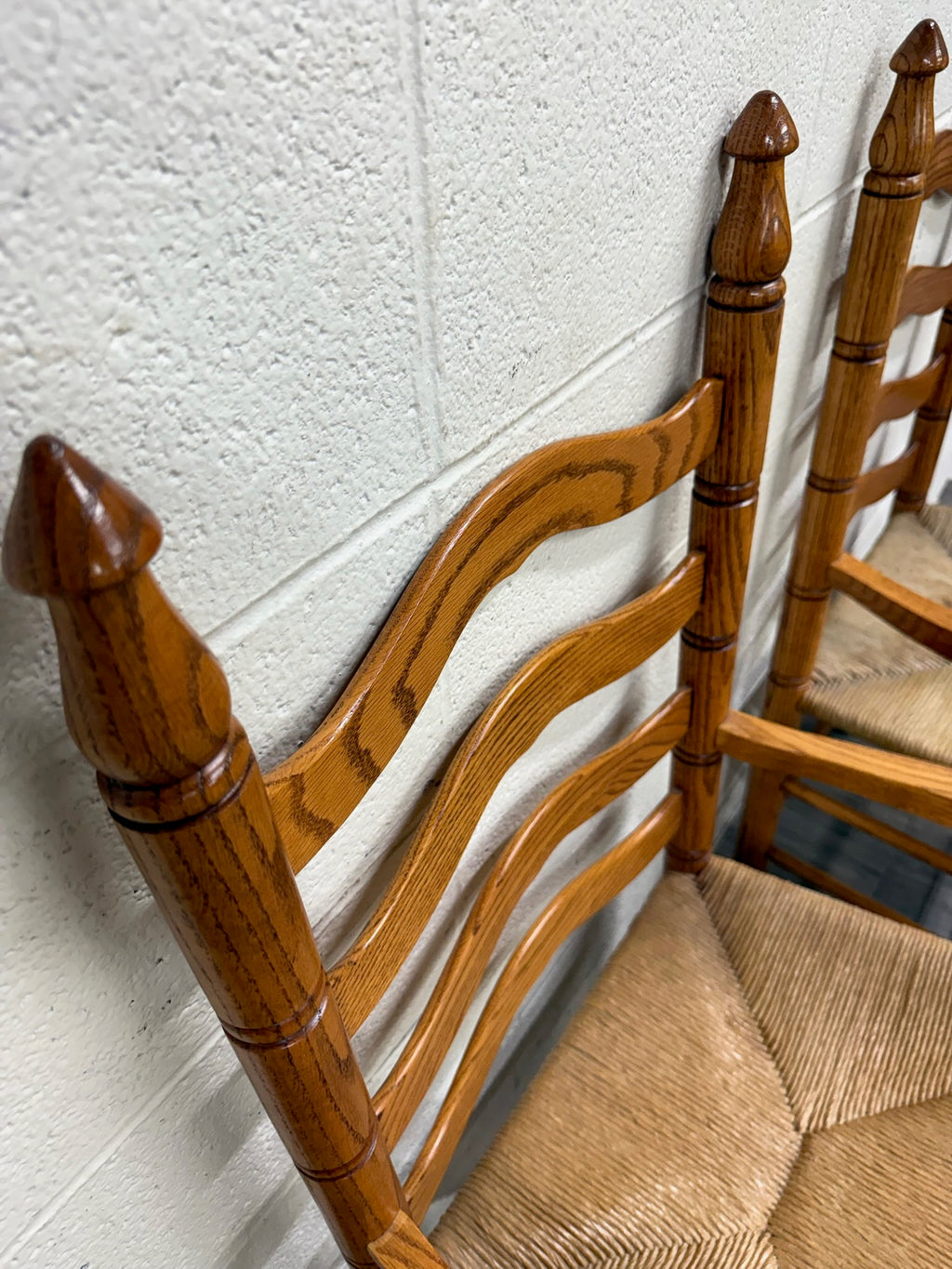 Vintage Country French Style Solid Oak Ladder Back Handwoven Rush Seat Armchairs