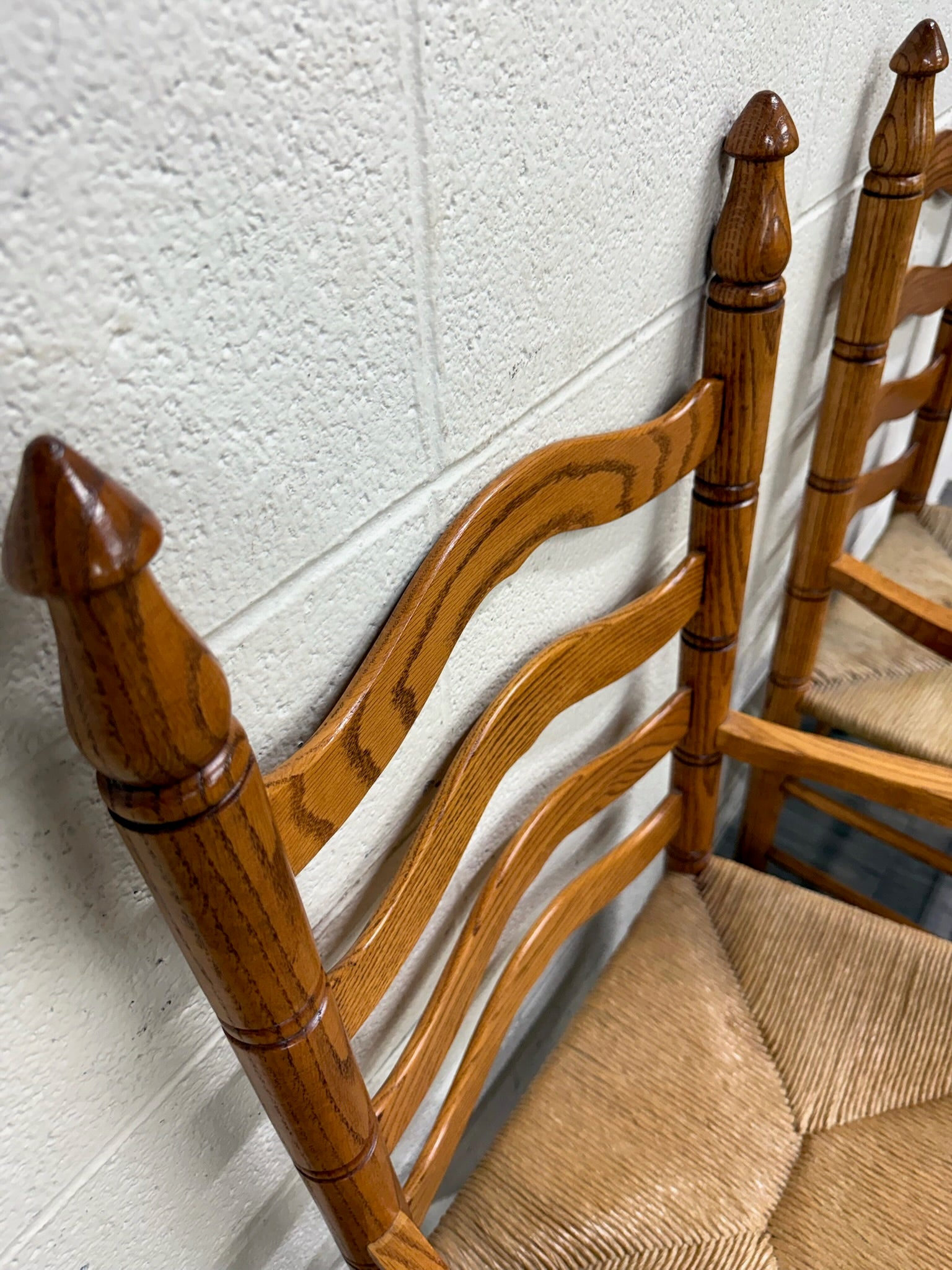 Vintage Country French Style Solid Oak Ladder Back Handwoven Rush Seat Armchairs