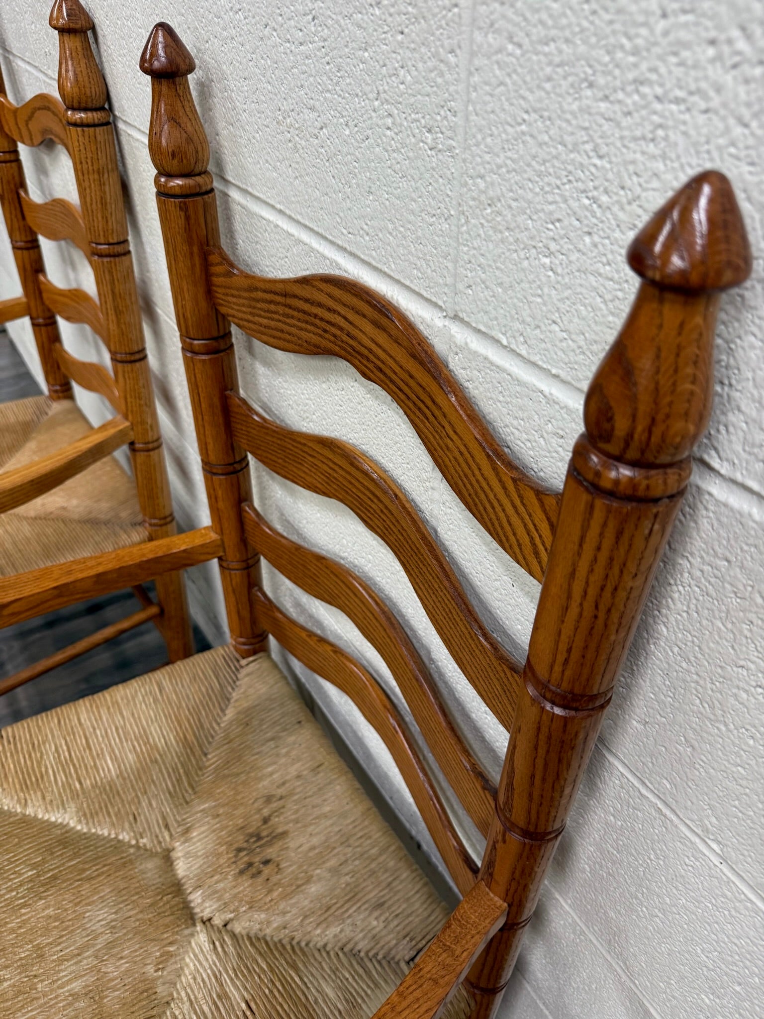 Vintage Country French Style Solid Oak Ladder Back Handwoven Rush Seat Armchairs