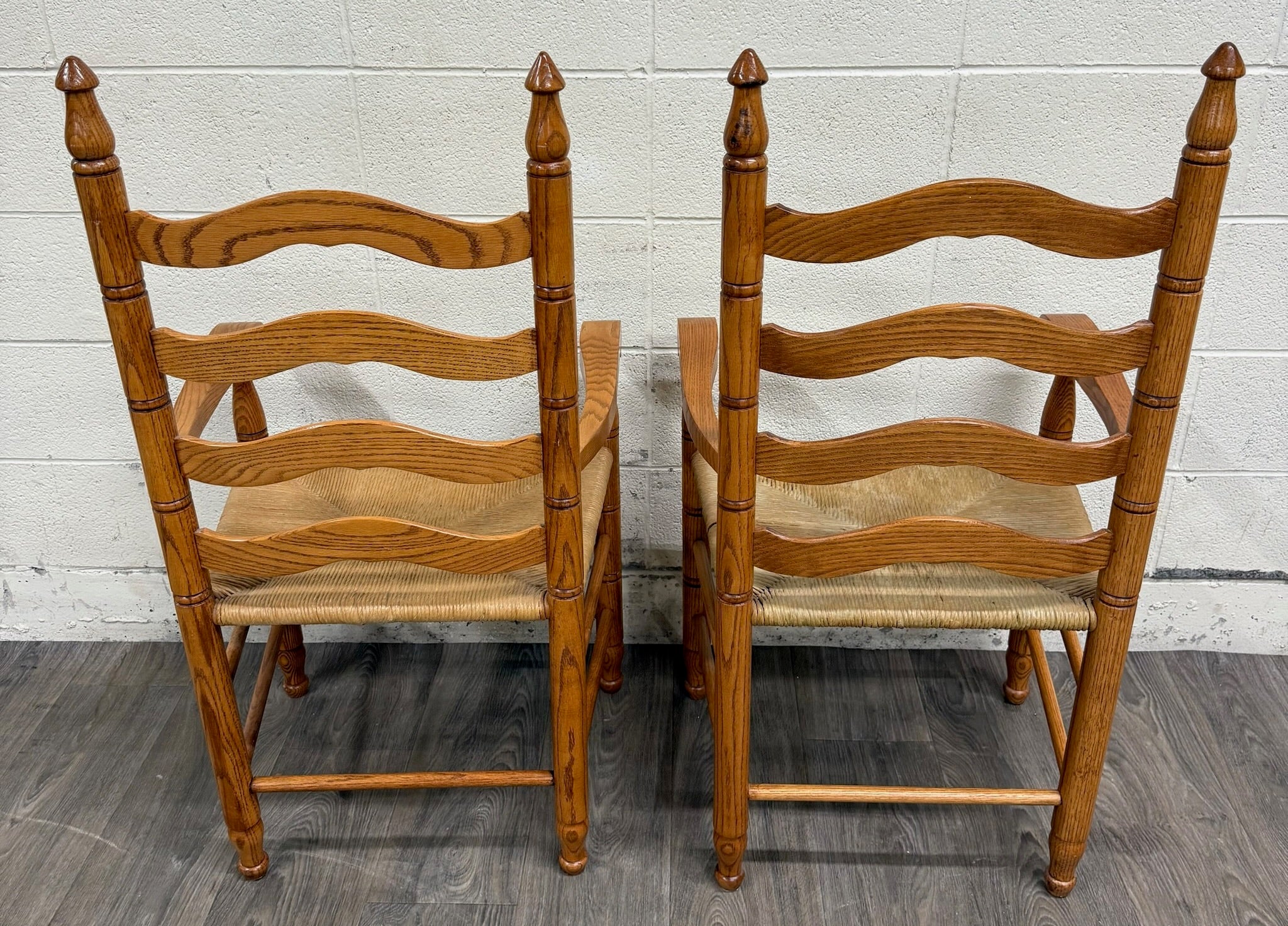 Vintage Country French Style Solid Oak Ladder Back Handwoven Rush Seat Armchairs