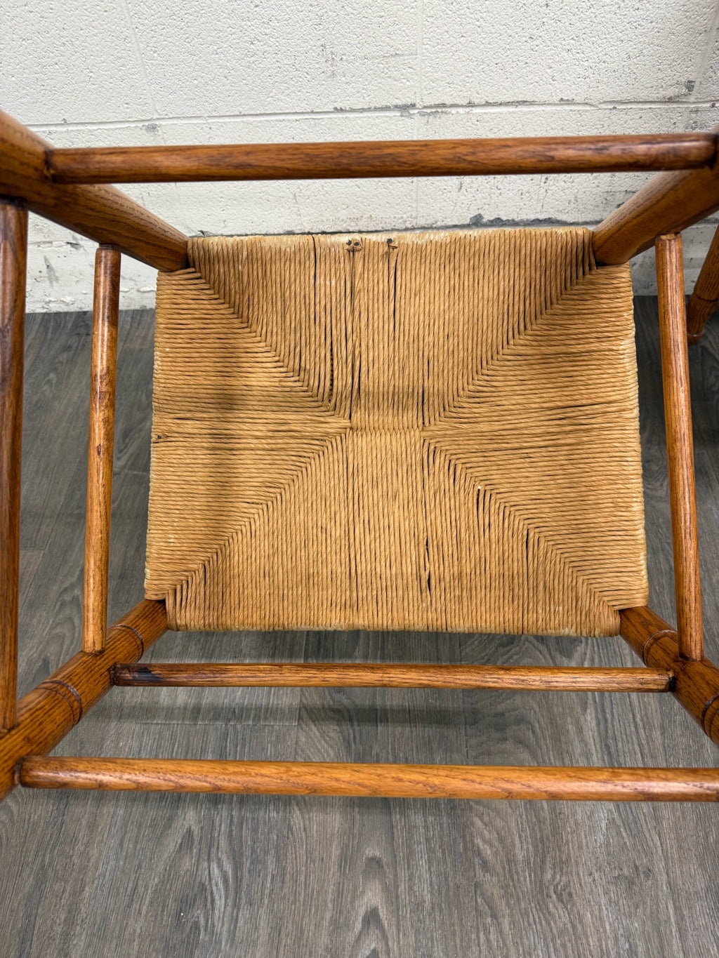 Vintage Country French Style Solid Oak Ladder Back Handwoven Rush Seat Armchairs