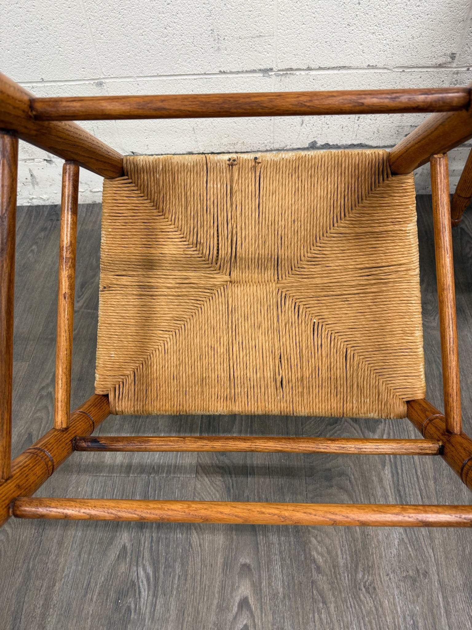 Vintage Country French Style Solid Oak Ladder Back Handwoven Rush Seat Armchairs