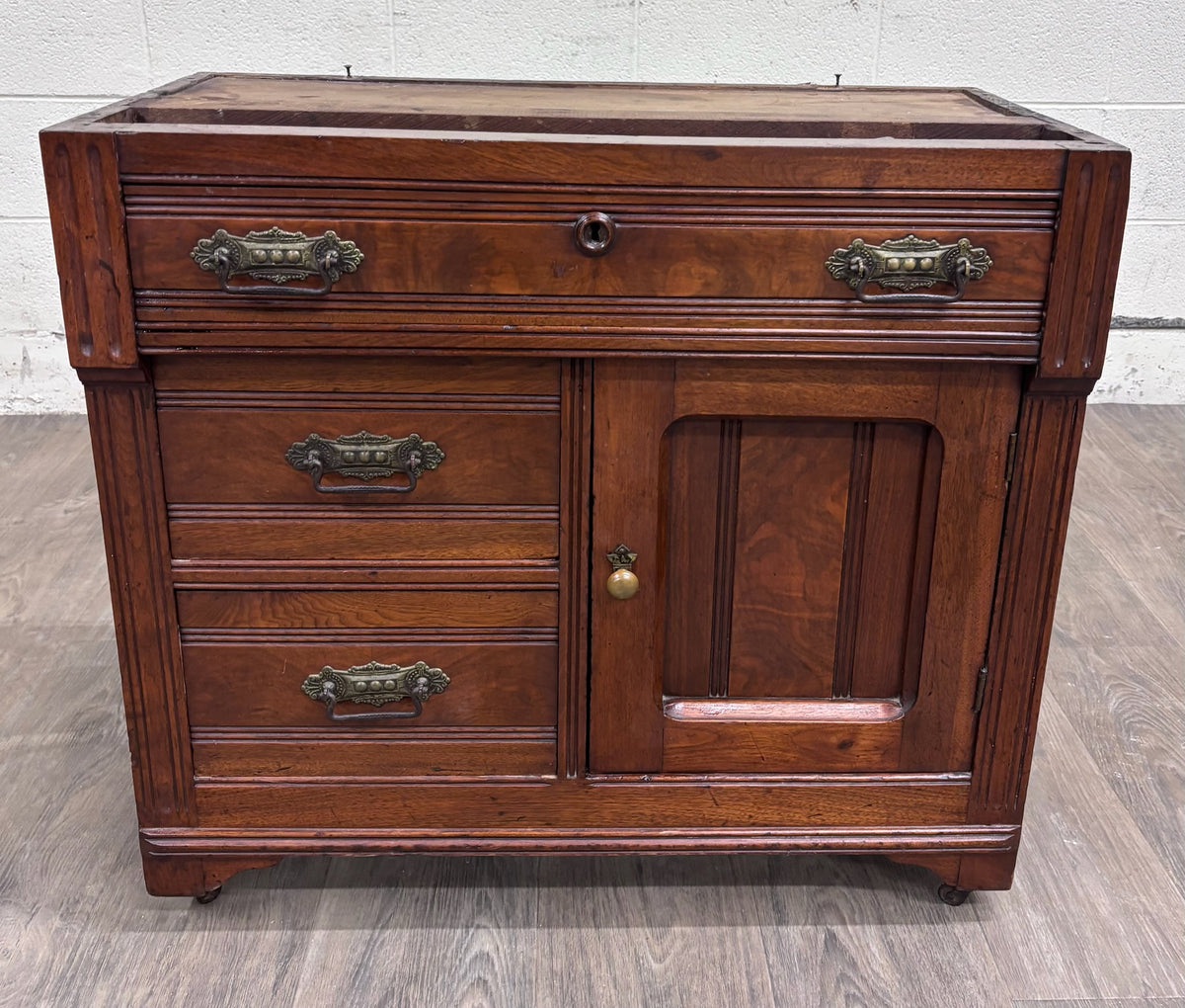Antique Victorian Eastlake Walnut Marble Top Knapp Joint Washstand