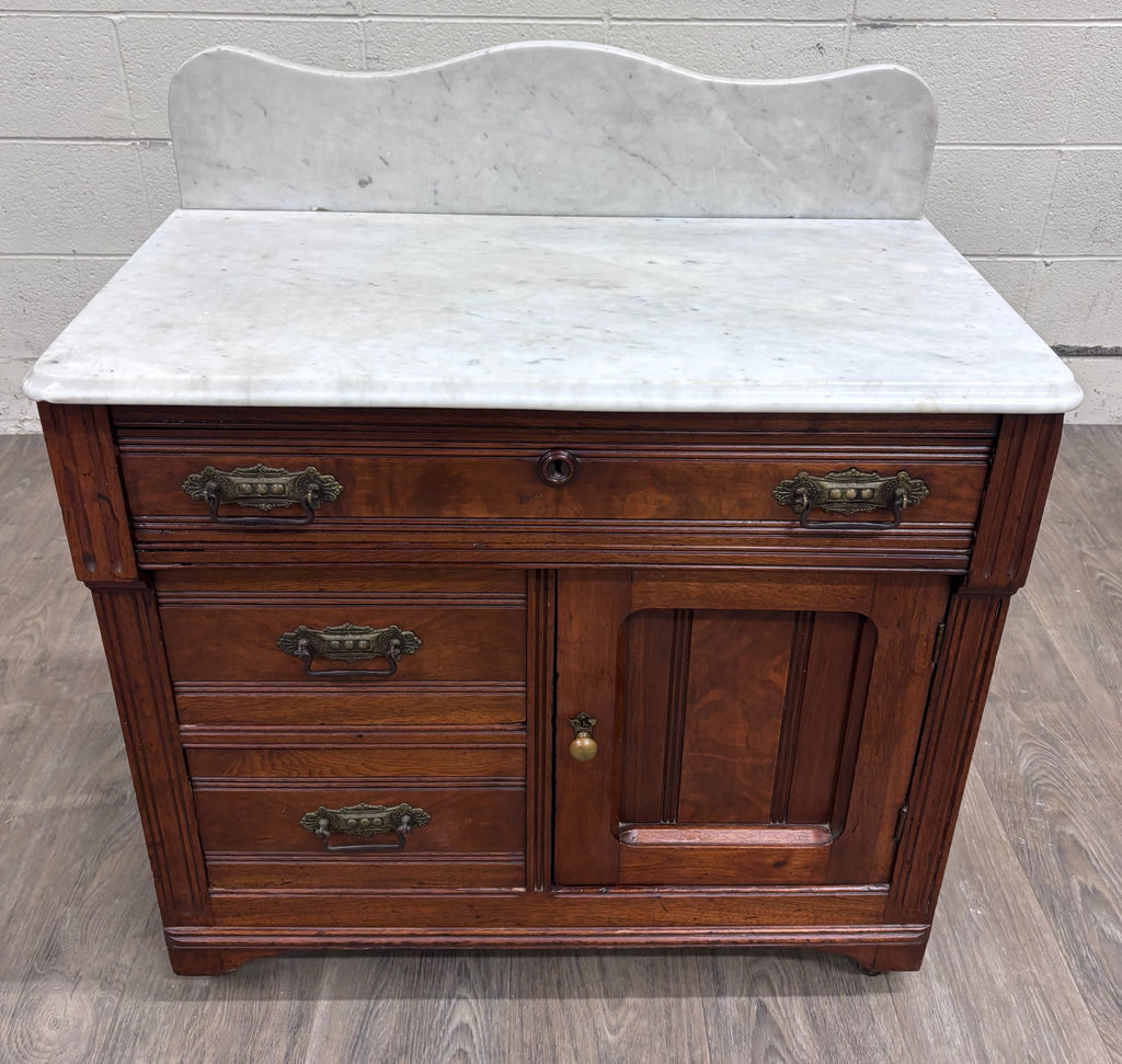 Antique Victorian Eastlake Walnut Marble Top Knapp Joint Washstand