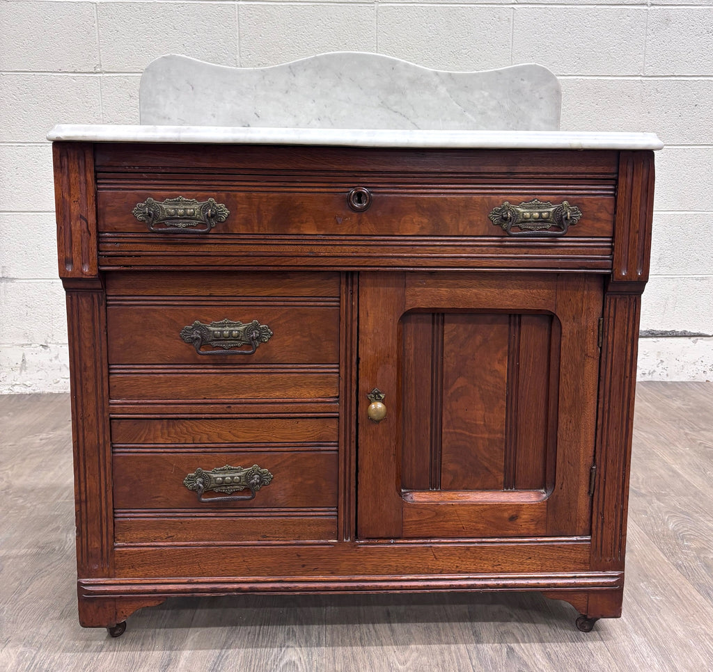 Antique Victorian Eastlake Walnut Marble Top Knapp Joint Washstand