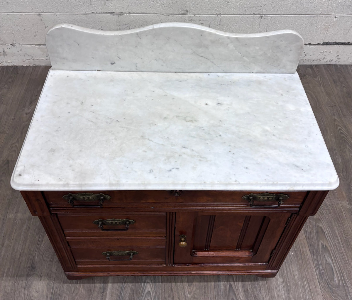 Antique Victorian Eastlake Walnut Marble Top Knapp Joint Washstand