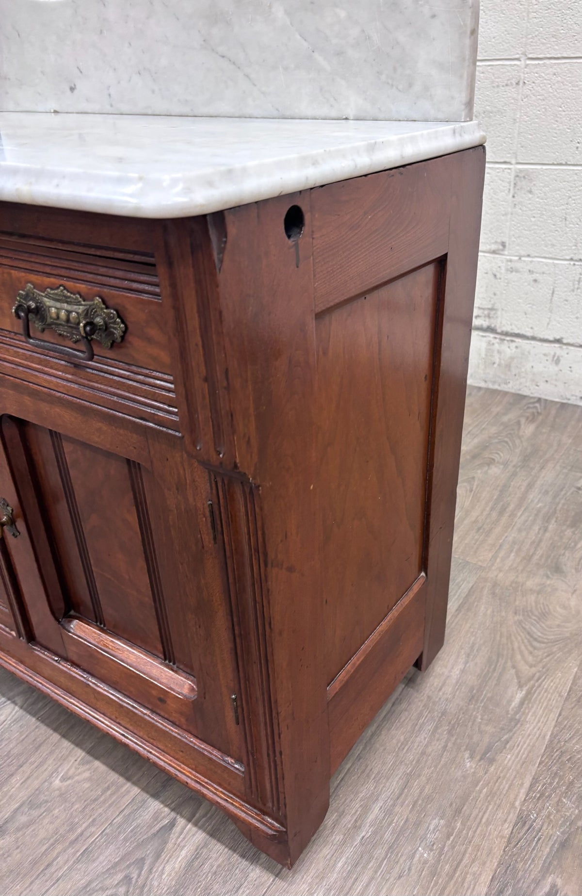 Antique Victorian Eastlake Walnut Marble Top Knapp Joint Washstand