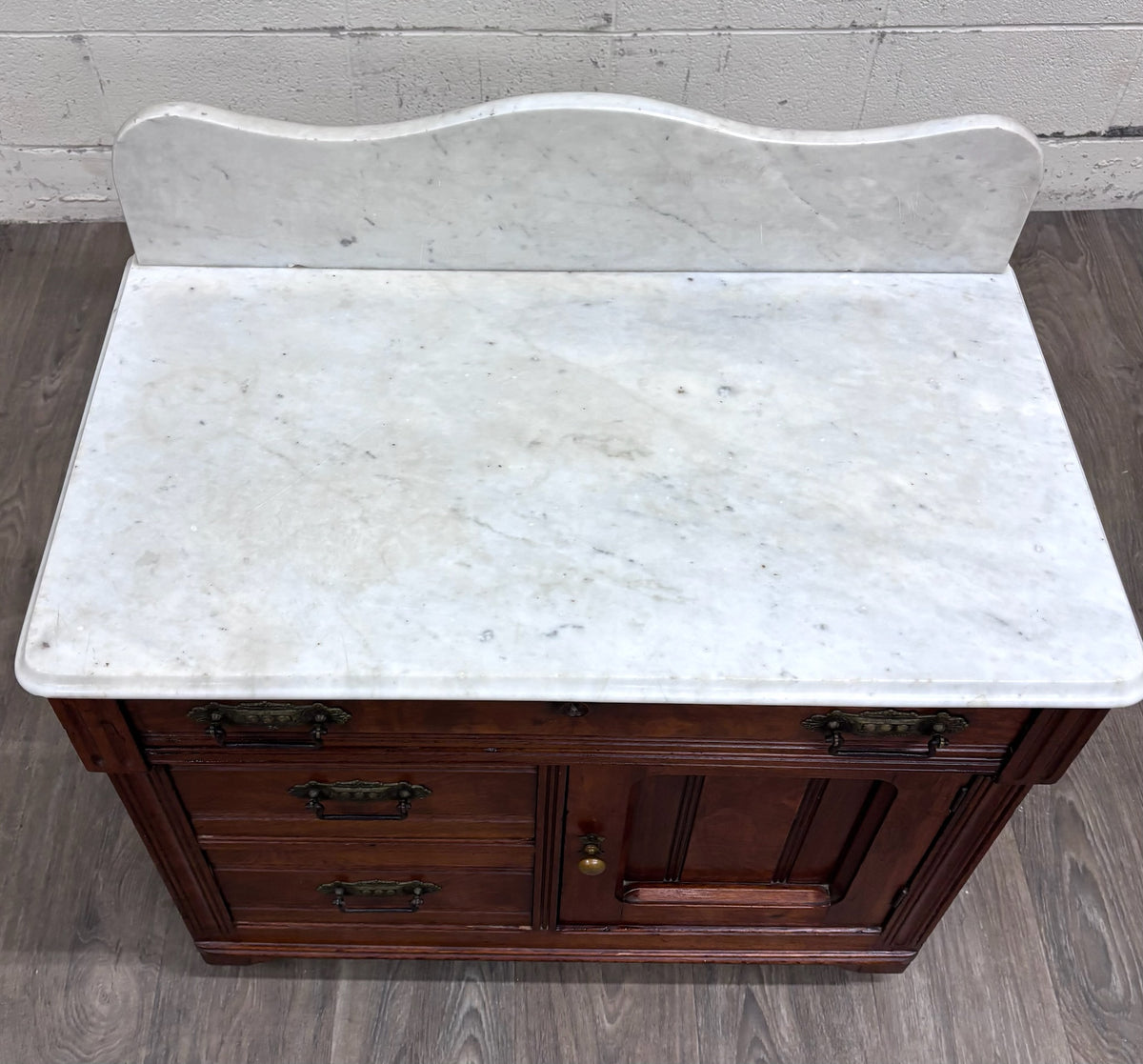 Antique Victorian Eastlake Walnut Marble Top Knapp Joint Washstand