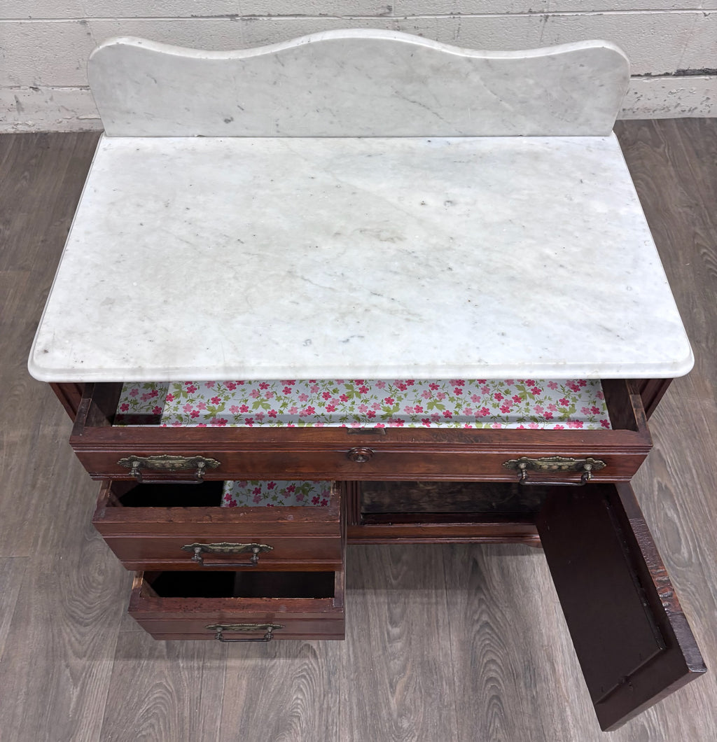 Antique Victorian Eastlake Walnut Marble Top Knapp Joint Washstand