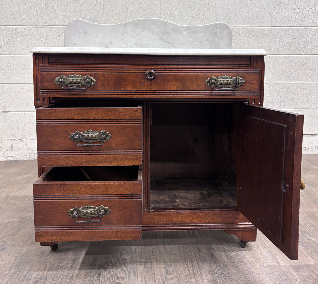 Antique Victorian Eastlake Walnut Marble Top Knapp Joint Washstand