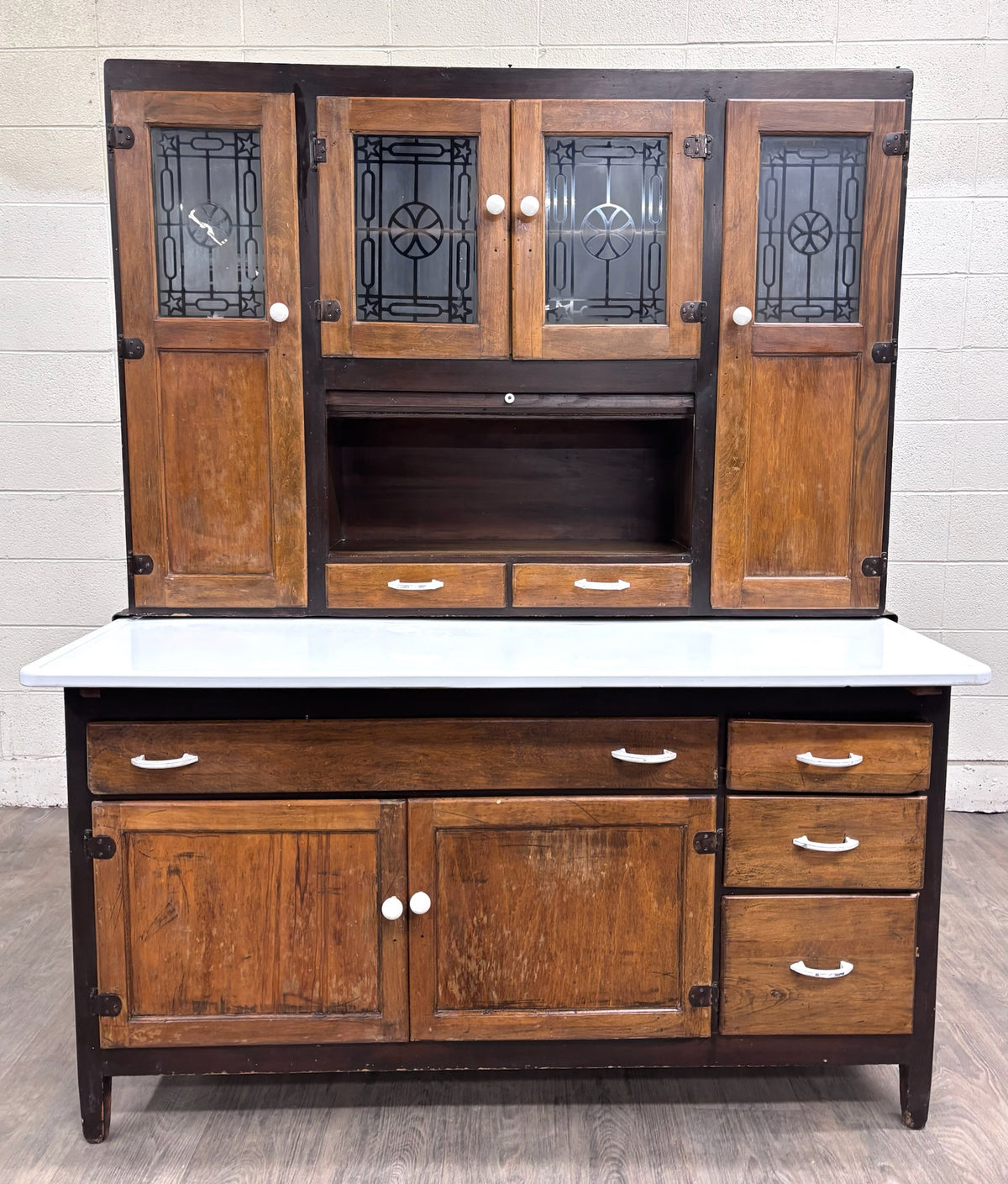 Antique Hoosier Style Farmhouse Cabinet with Glass Doors and Enamel Worktop