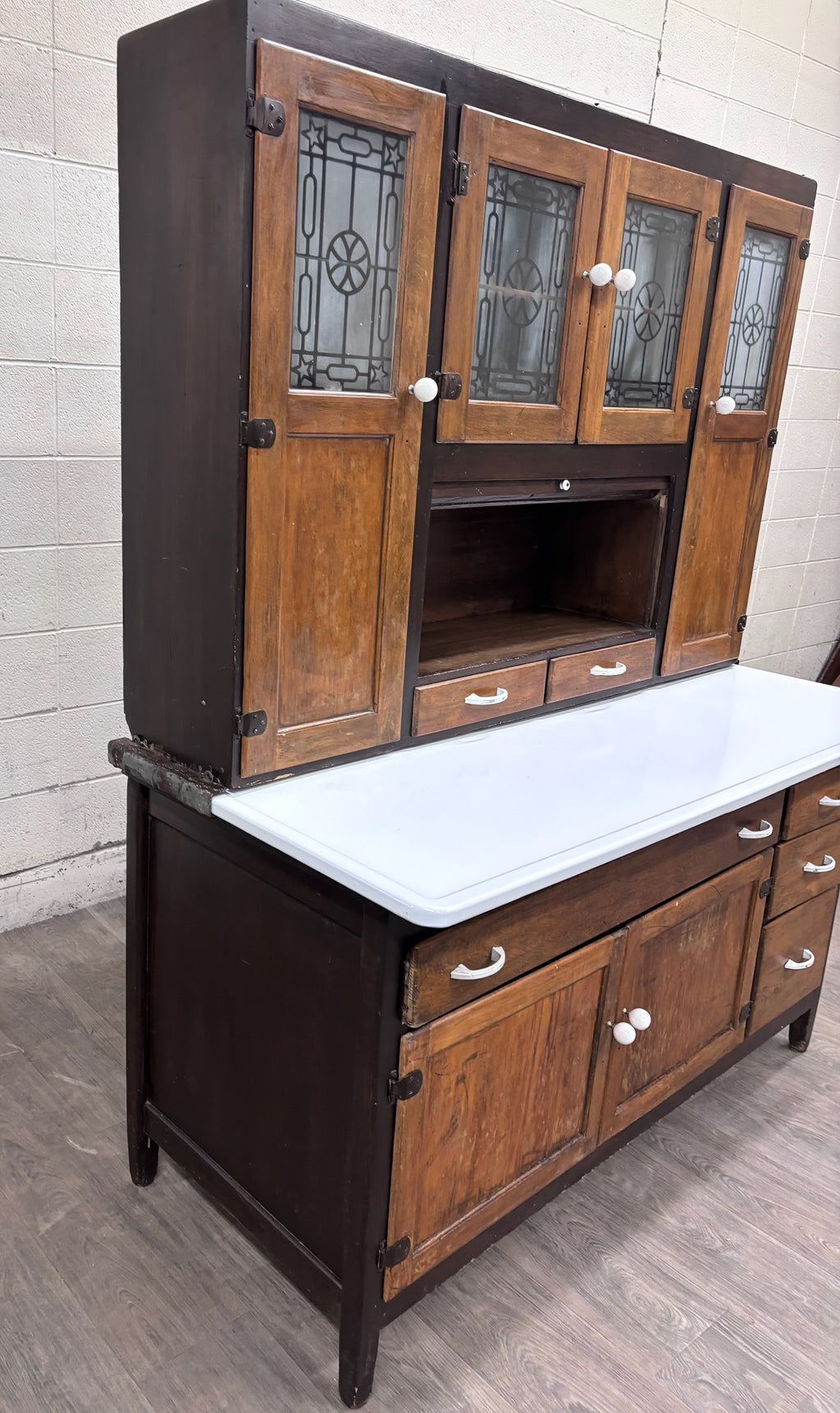 Antique Hoosier Style Farmhouse Cabinet with Glass Doors and Enamel Worktop
