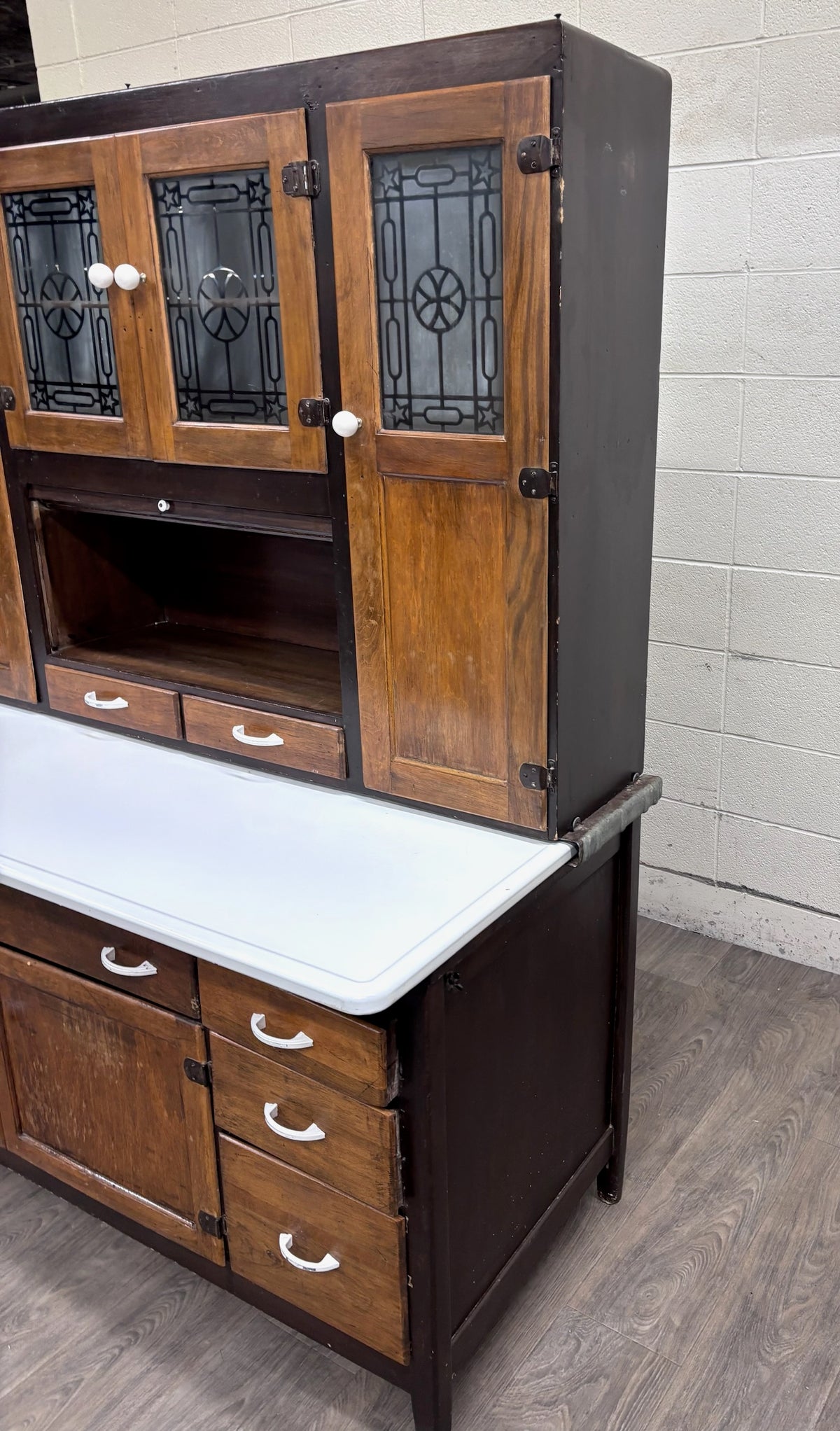Antique Hoosier Style Farmhouse Cabinet with Glass Doors and Enamel Worktop