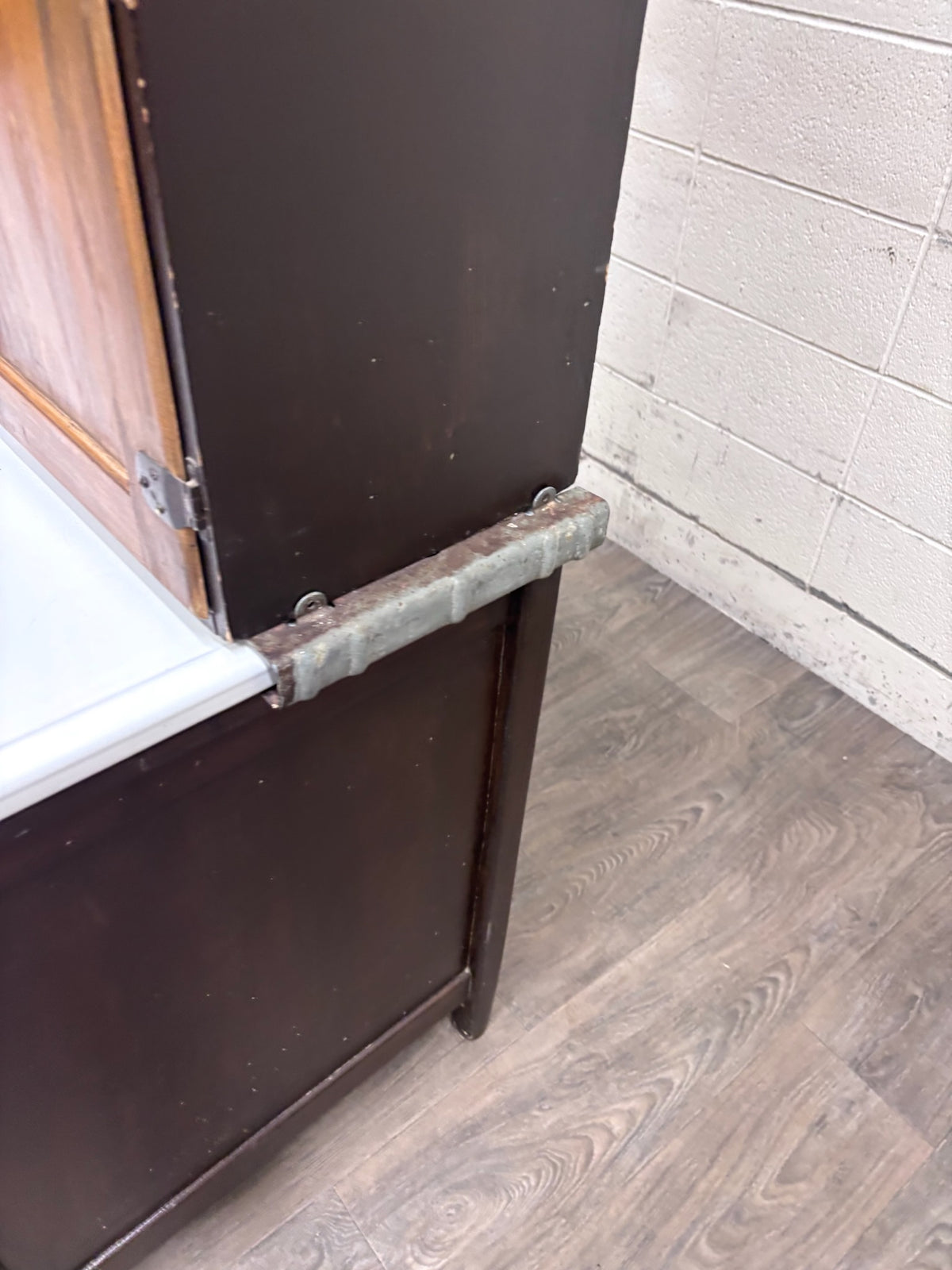 Antique Hoosier Style Farmhouse Cabinet with Glass Doors and Enamel Worktop