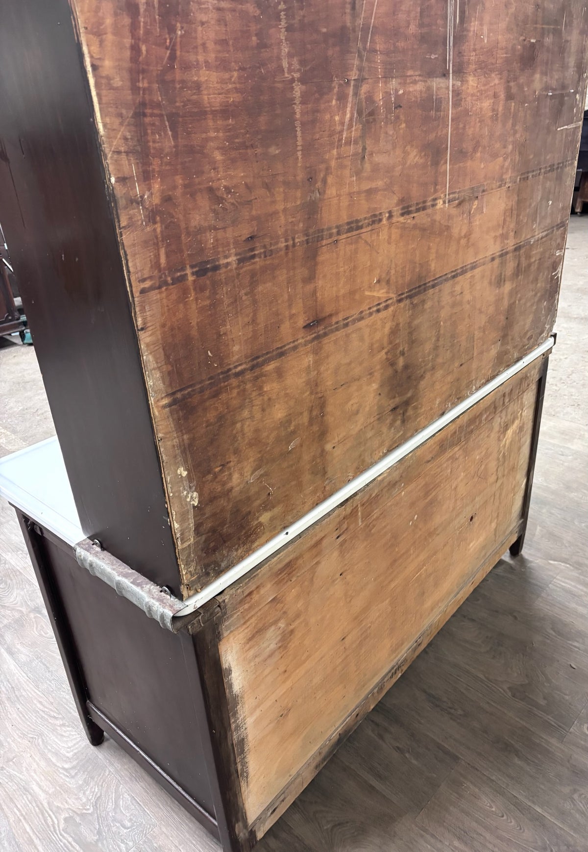 Antique Hoosier Style Farmhouse Cabinet with Glass Doors and Enamel Worktop