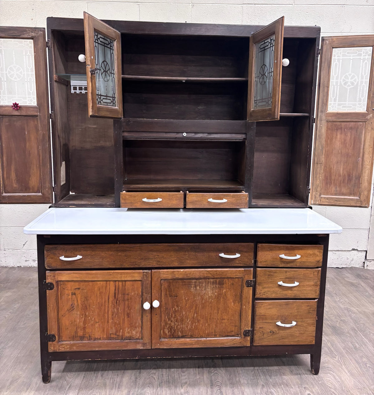 Antique Hoosier Style Farmhouse Cabinet with Glass Doors and Enamel Worktop