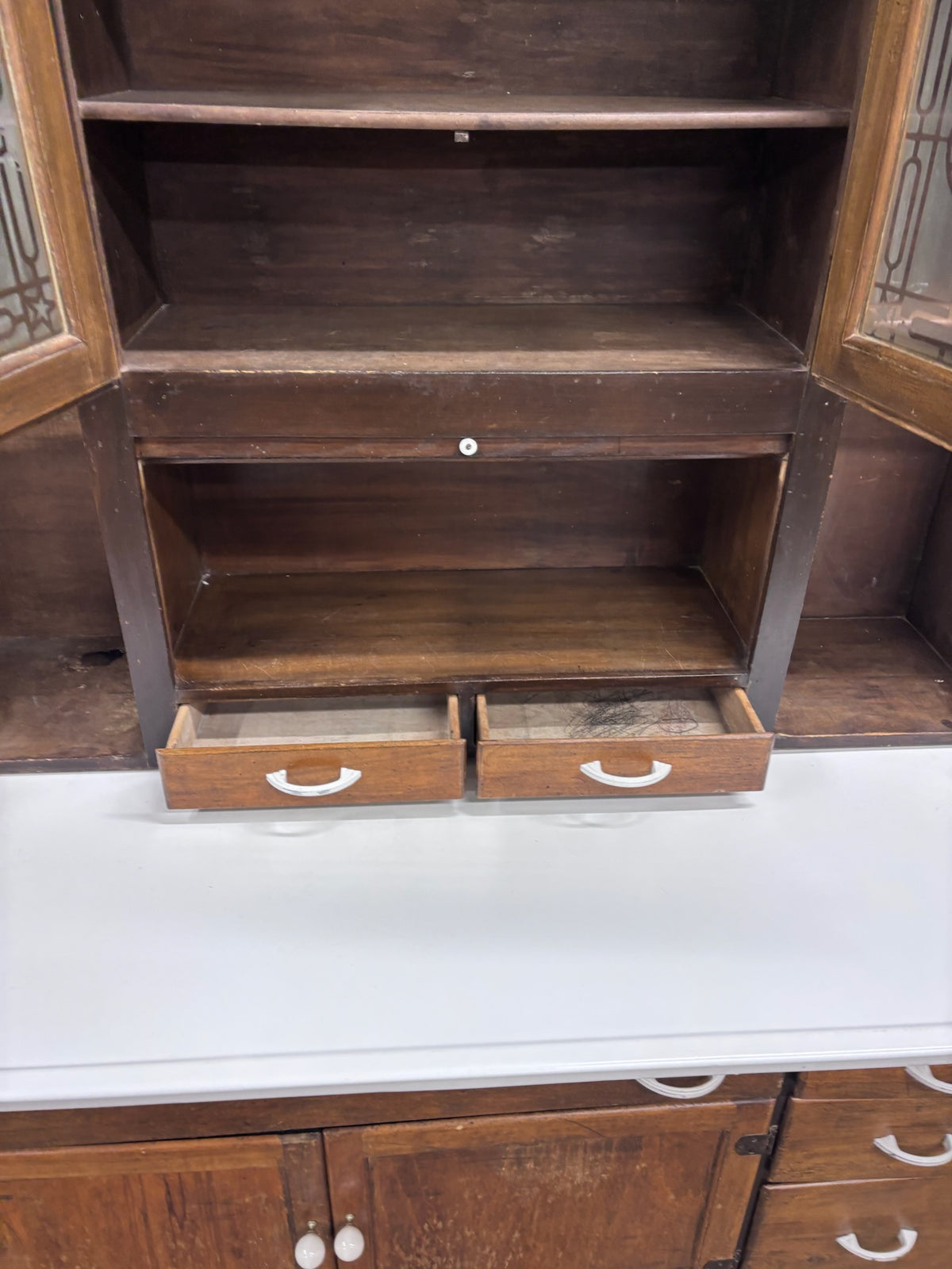 Antique Hoosier Style Farmhouse Cabinet with Glass Doors and Enamel Worktop