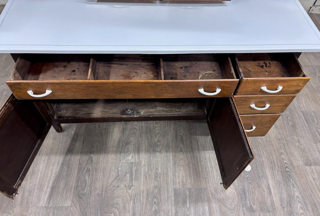 Antique Hoosier Style Farmhouse Cabinet with Glass Doors and Enamel Worktop