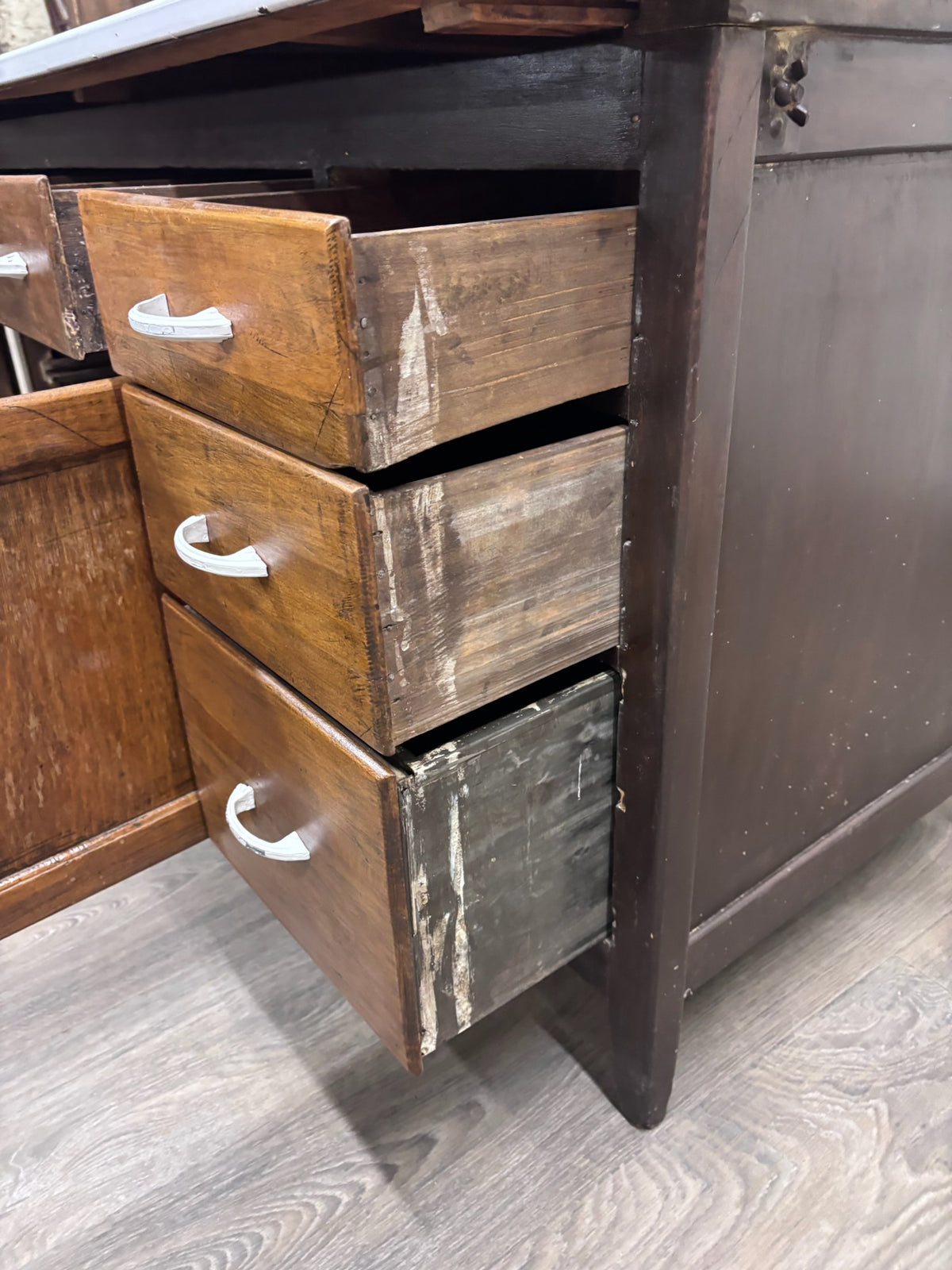 Antique Hoosier Style Farmhouse Cabinet with Glass Doors and Enamel Worktop